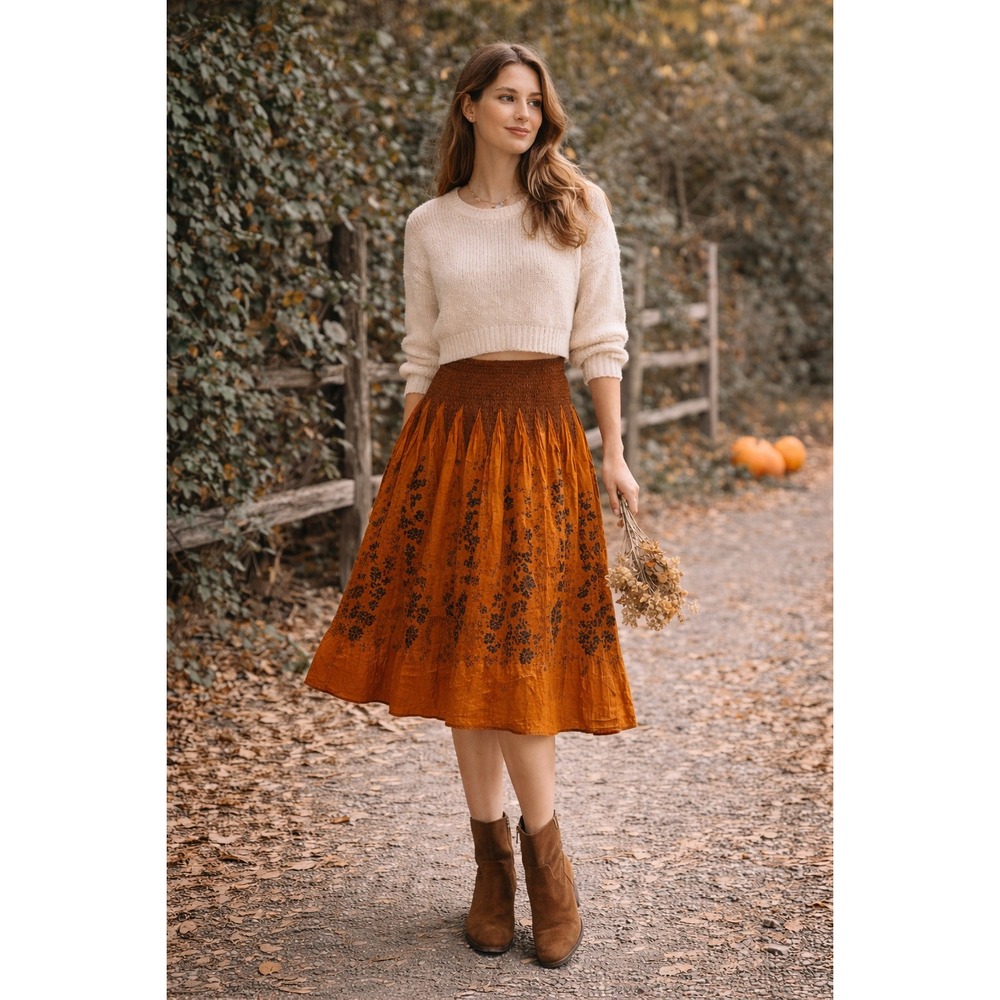 Lapis Boho Prairie Maxi Skirt Burnt Orange Floral Cottagecore Festival OS (S-XL)